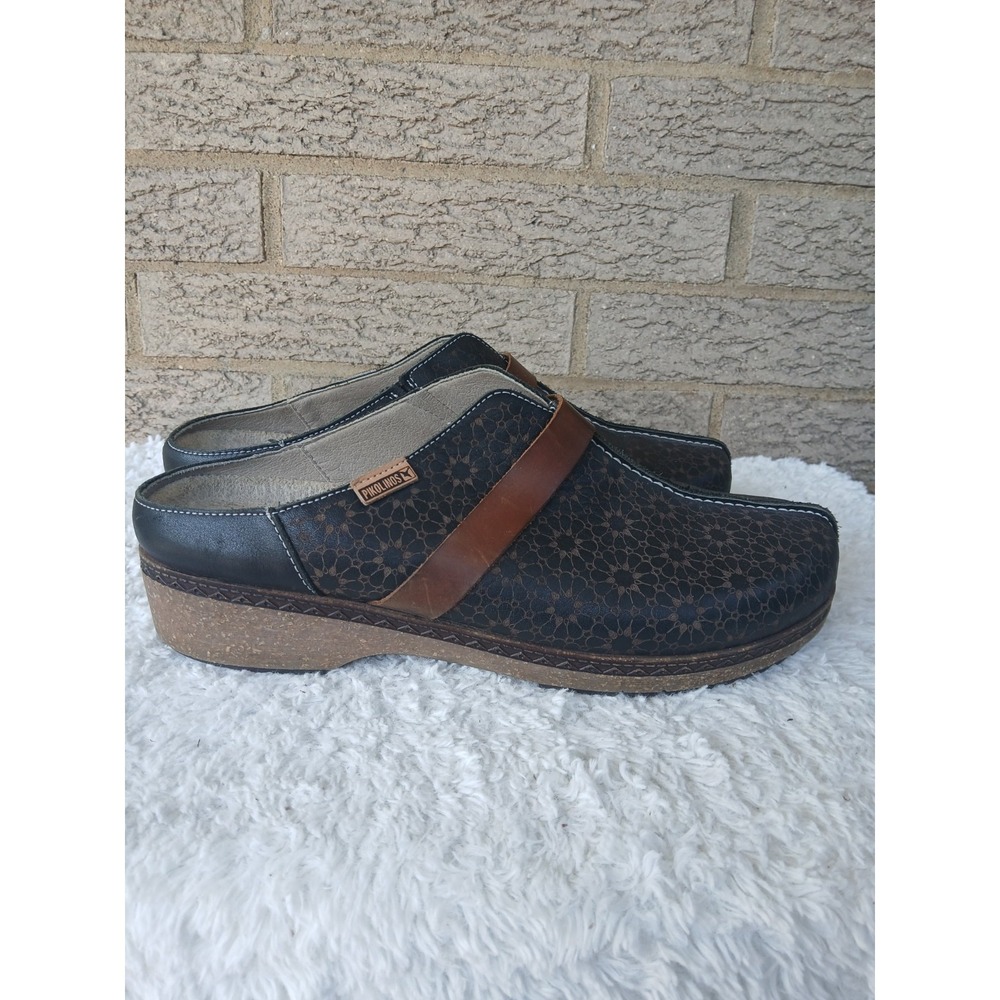 Pikolinos Women's Granada Die-Cut Black Leather Clogs Sz 12 Made In Spain